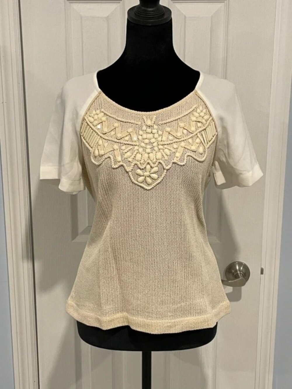 Greylin Women's Cream Beaded Crochet Knit Short Sleeve Raglan Top XS NWT